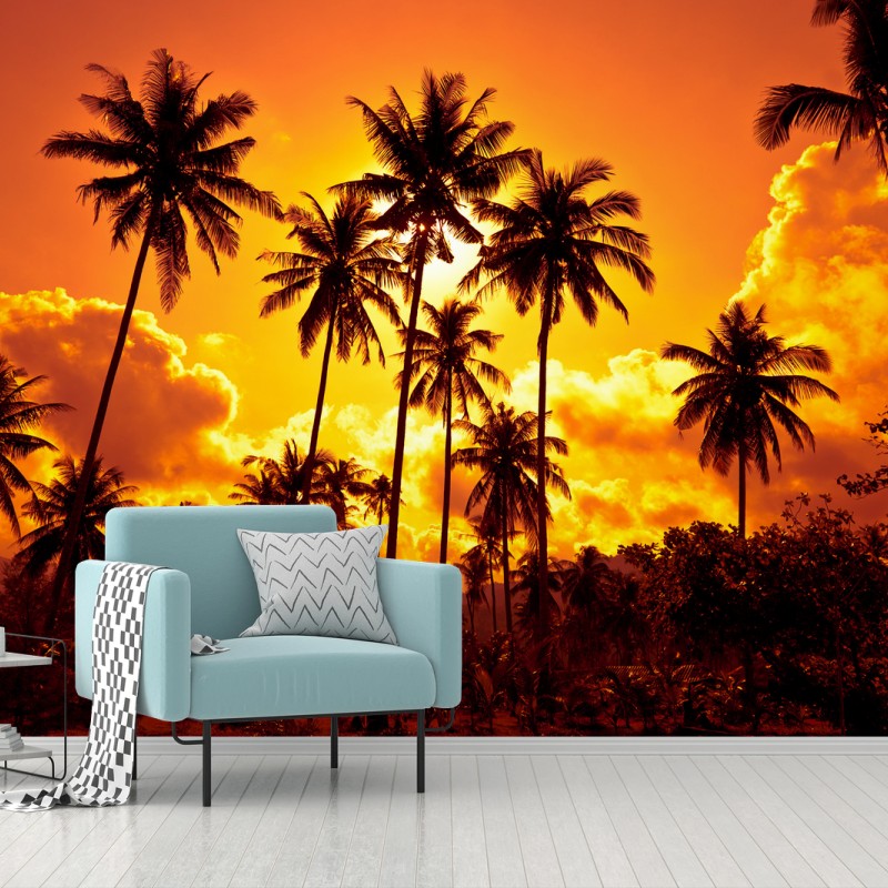 Carta da parati tramonto tropicale con palme in silhouette