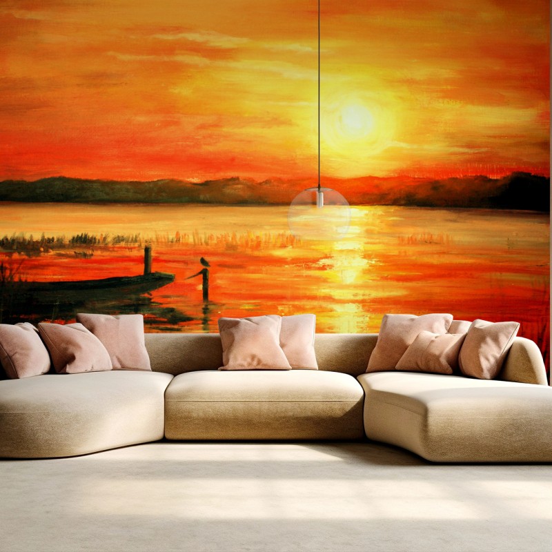 Carta da parati tramonto infuocato sul lago