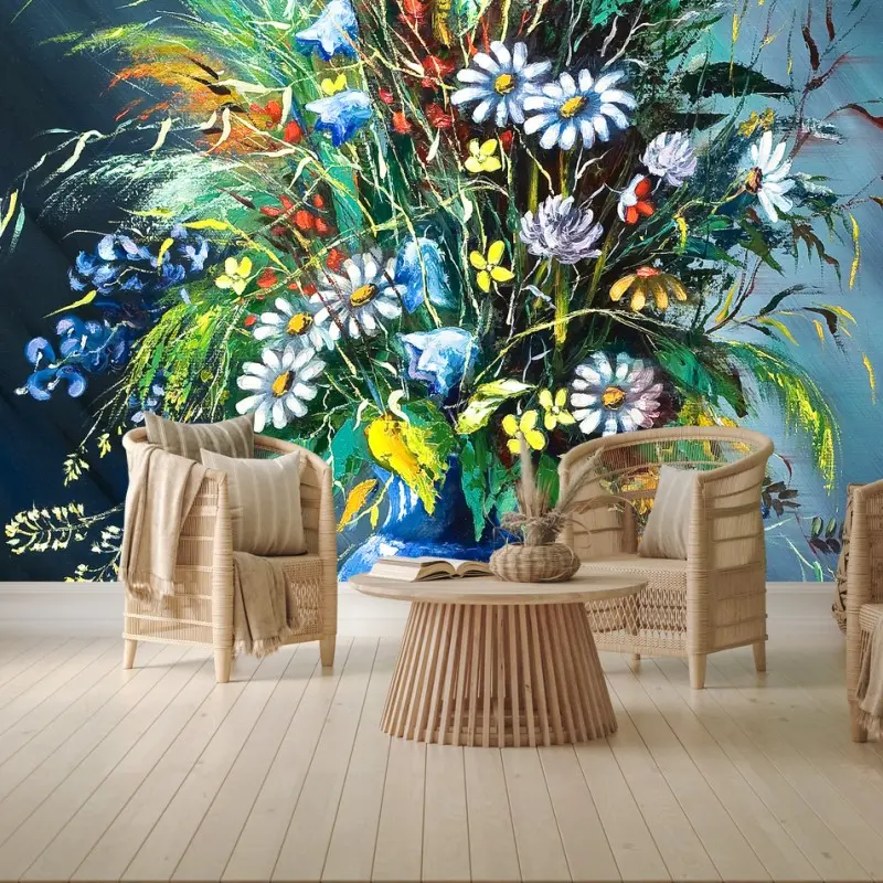 Carta da parati bouquet di fiori di campo su vaso blu