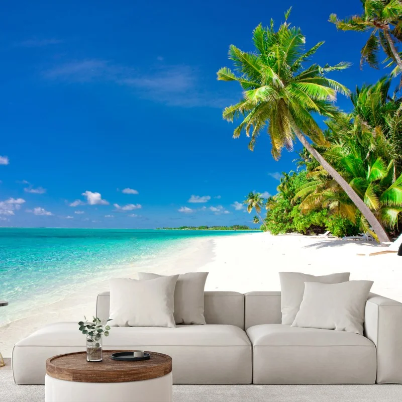 Carta da parati spiaggia tropicale con palme e mare turchese