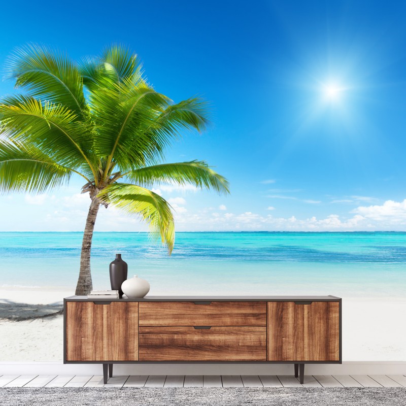 Carta da parati oasi tropicale con palma sulla spiaggia