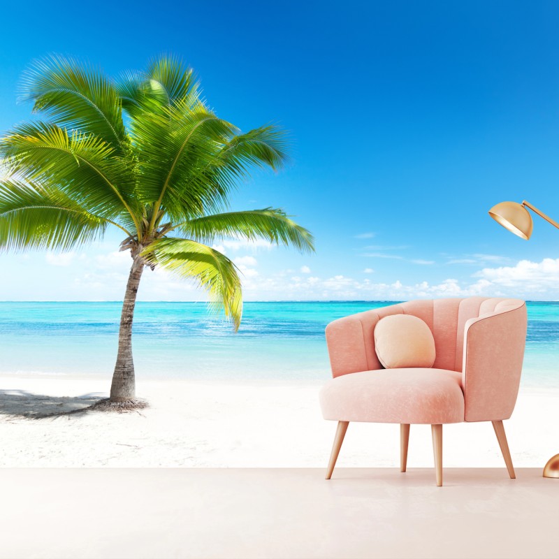 Carta da parati oasi tropicale con palma e mare