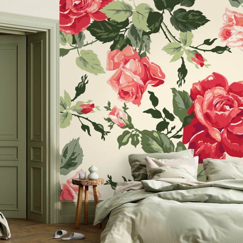 Carta da parati bouquet di rose rosse su sfondo avorio