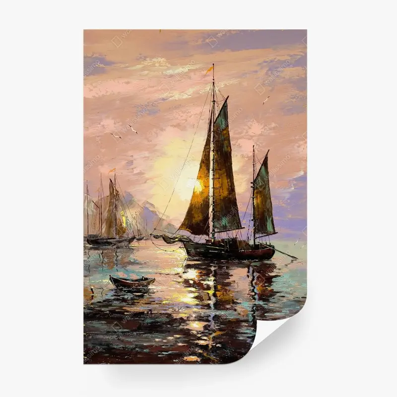 Carta da parati tramonto sul porto con vele dorate