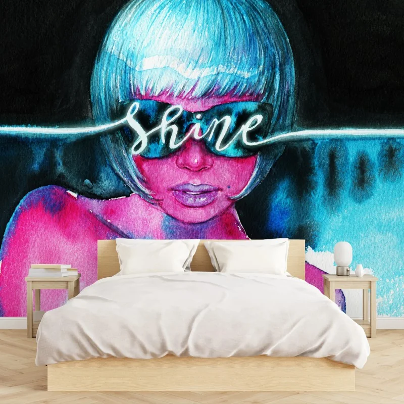 Carta da parati ritratto femminile al neon con occhiali shine