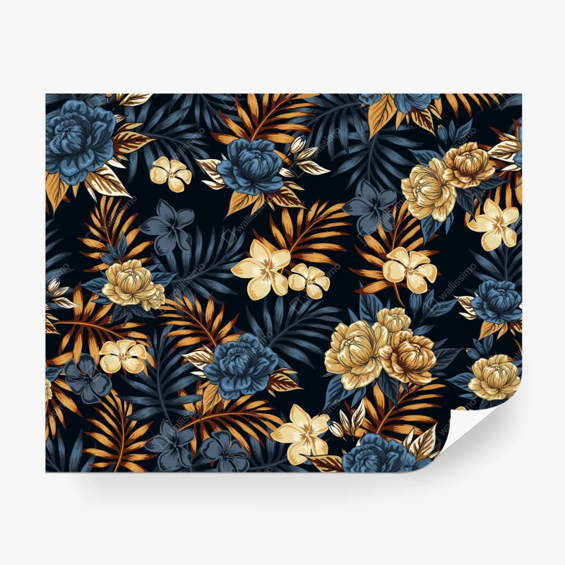 Carta da parati motivo floreale tropicale blu e oro
