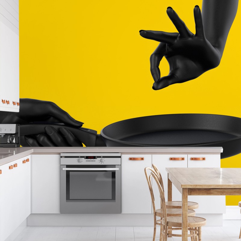 Carta da parati gesto culinario minimal su sfondo giallo
