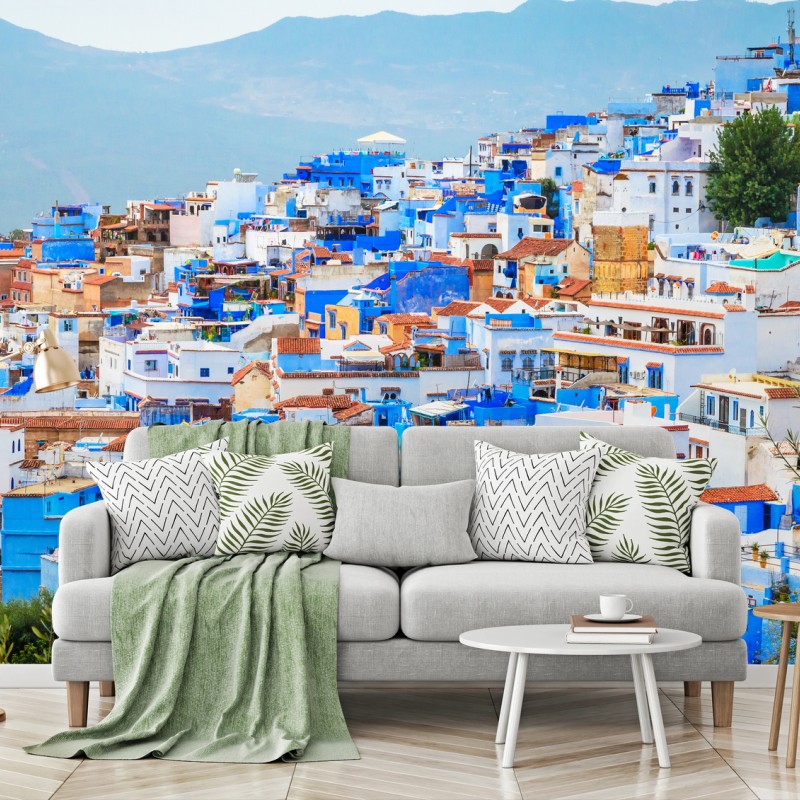 Carta da parati panorama di Chefchaouen dalle tonalità blu