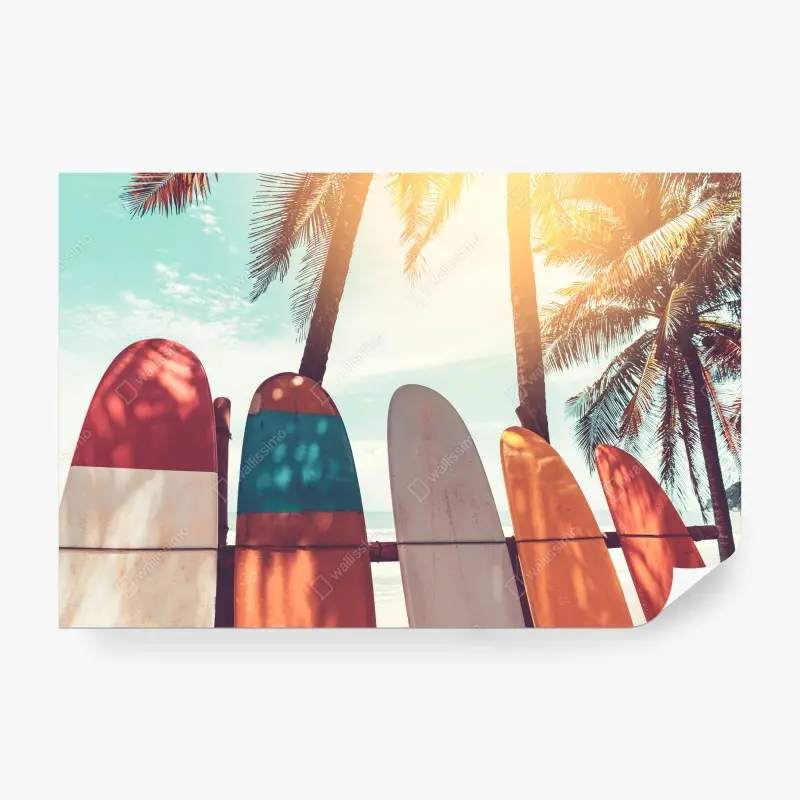 Carta da parati tavole da surf e palme al tramonto