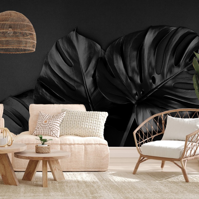 Carta da parati eleganza tropicale: foglie di monstera nere