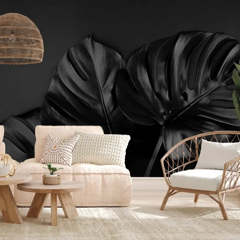 Carta da parati eleganza tropicale: foglie di monstera nere
