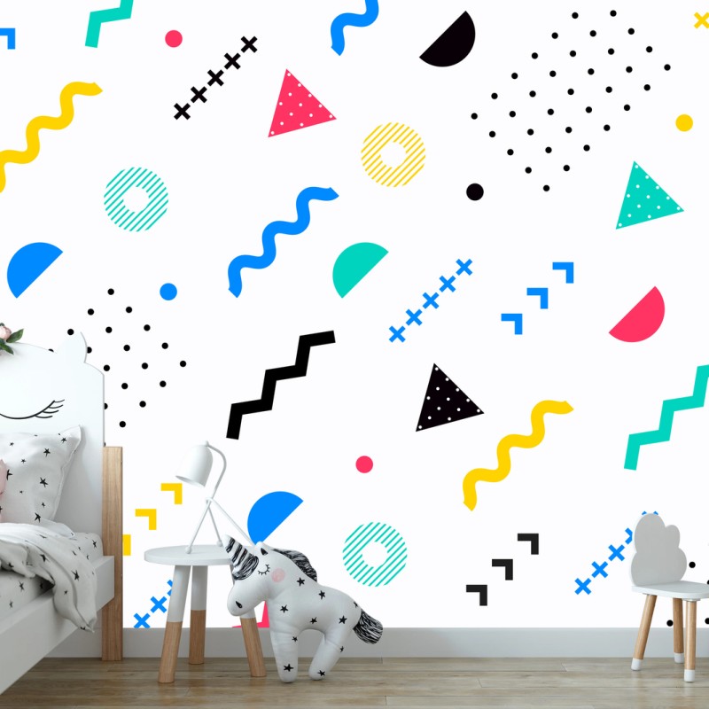 Carta da parati motivo geometrico colorato in stile Memphis