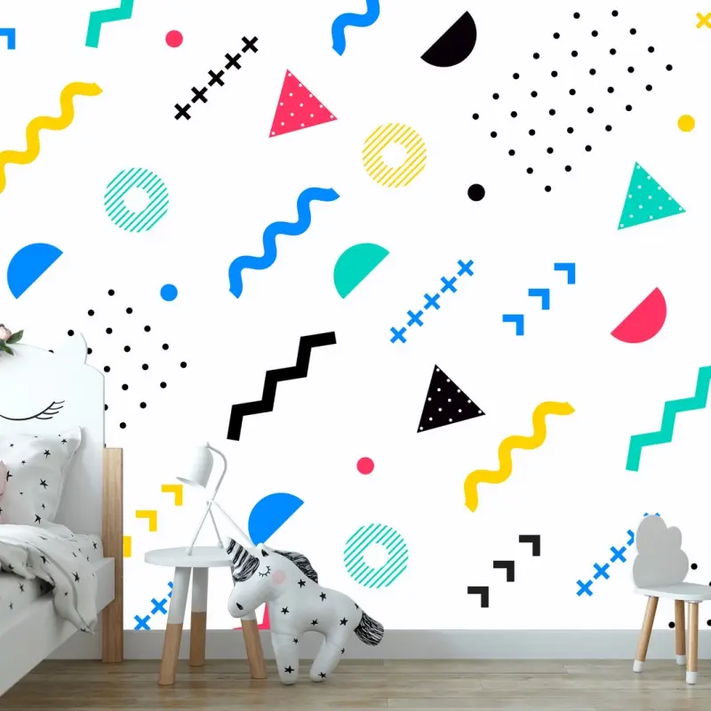 Carta da parati motivo geometrico colorato in stile Memphis