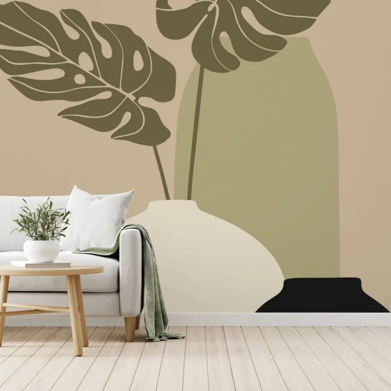 Carta da parati stampa botanica minimal con vasi e foglie di monstera