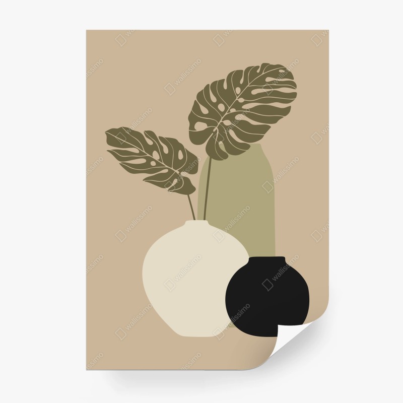 Carta da parati stampa botanica minimal con vasi e foglie di monstera