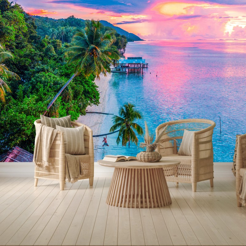 Carta da parati tramonto tropicale sulla spiaggia paradisiaca