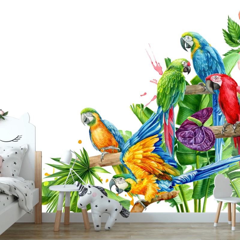 Carta da parati vibrante scena tropicale con pappagalli colorati