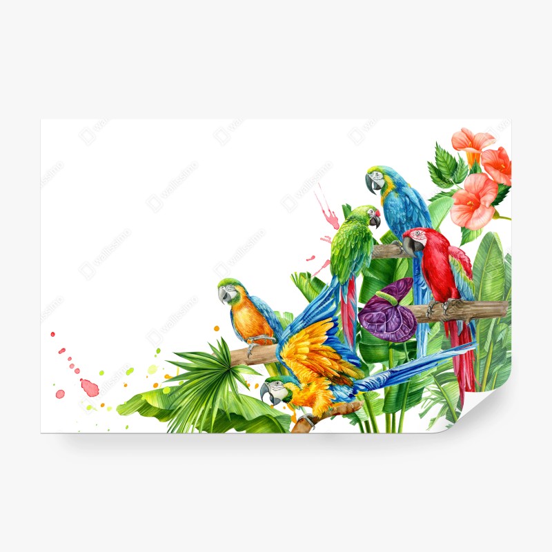 Carta da parati vibrante scena tropicale con pappagalli colorati