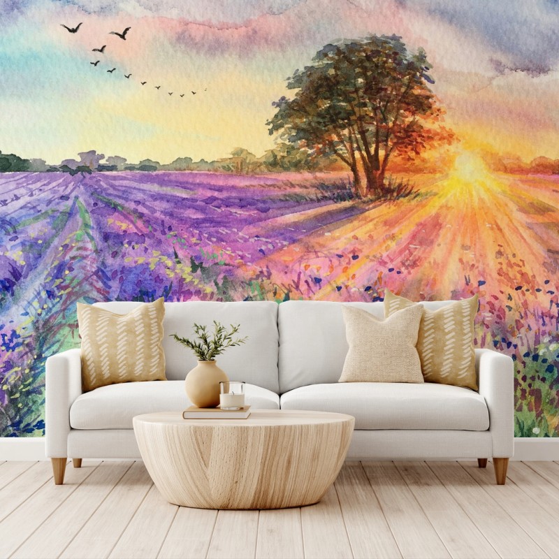 Carta da parati luce d'alba sul campo di lavanda