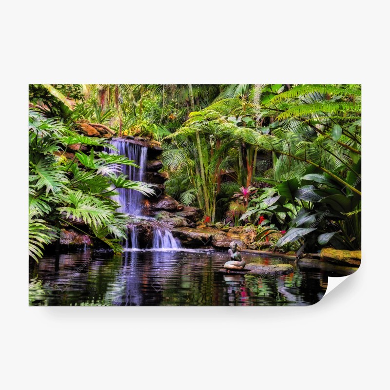 Carta da parati oasi tropicale con cascata e statua meditativa