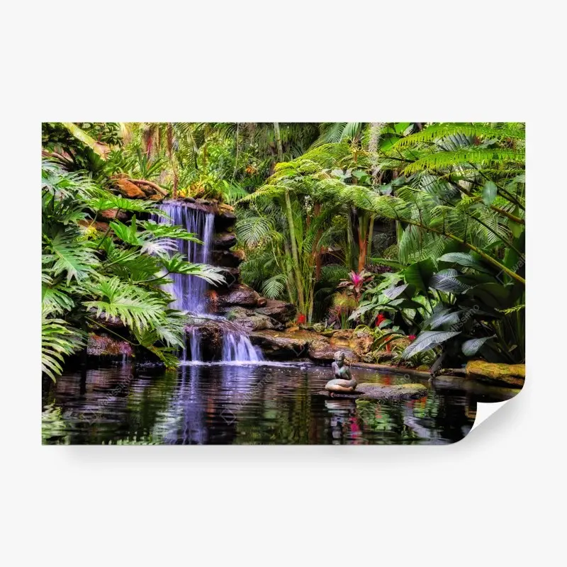 Carta da parati oasi tropicale con cascata e statua meditativa
