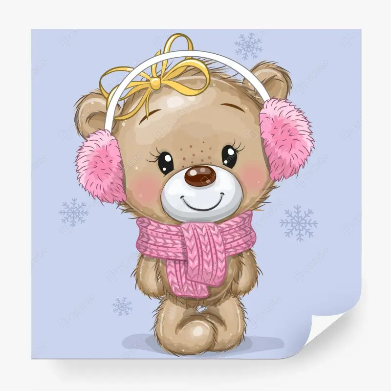 Carta da parati orsacchiotto invernale con sciarpa e cuffie rosa