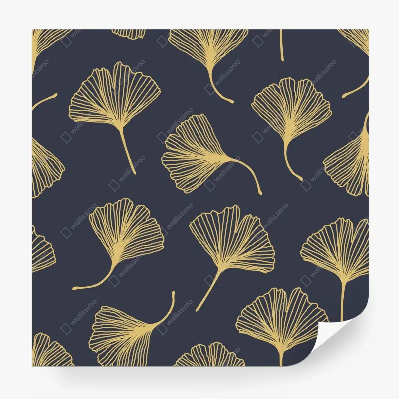 Carta da parati motivo botanico ginkgo oro su sfondo blu scuro