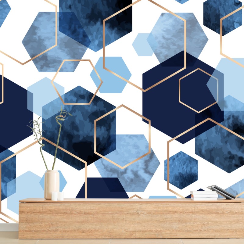 Carta da parati motivo geometrico esagonale blu con dettagli oro