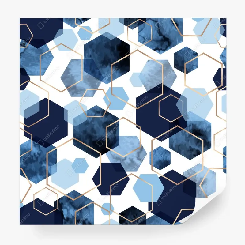 Carta da parati motivo geometrico esagonale blu con dettagli oro