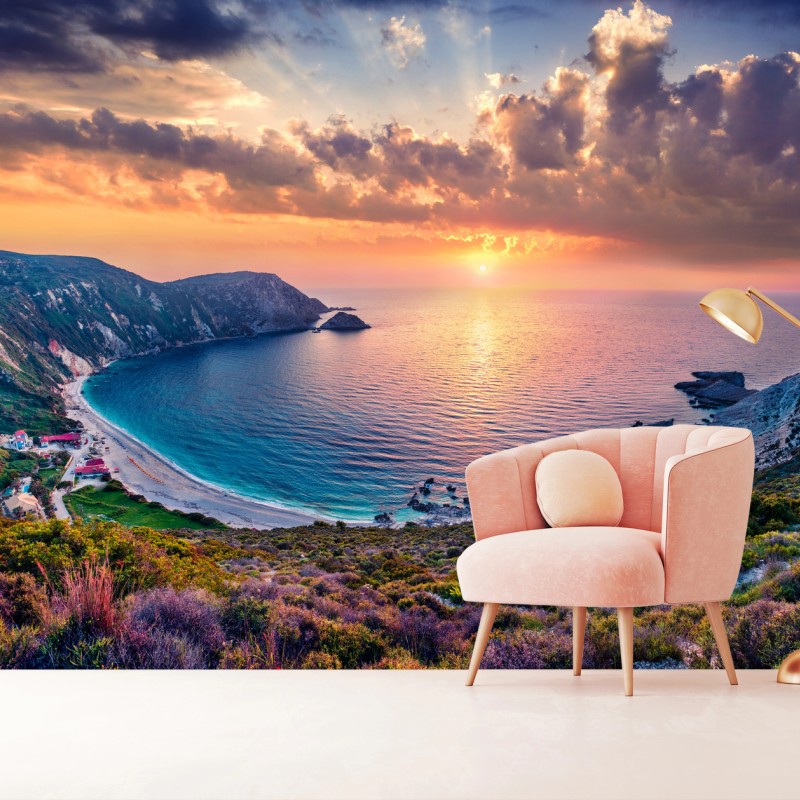 Carta da parati tramonto dorato a Petani, Cefalonia