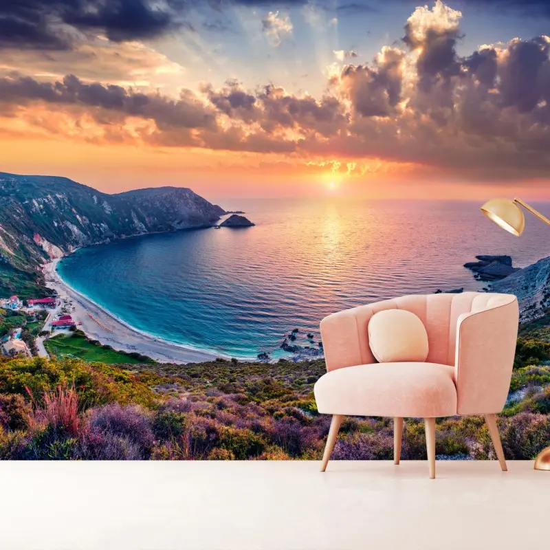 Carta da parati tramonto dorato a Petani, Cefalonia