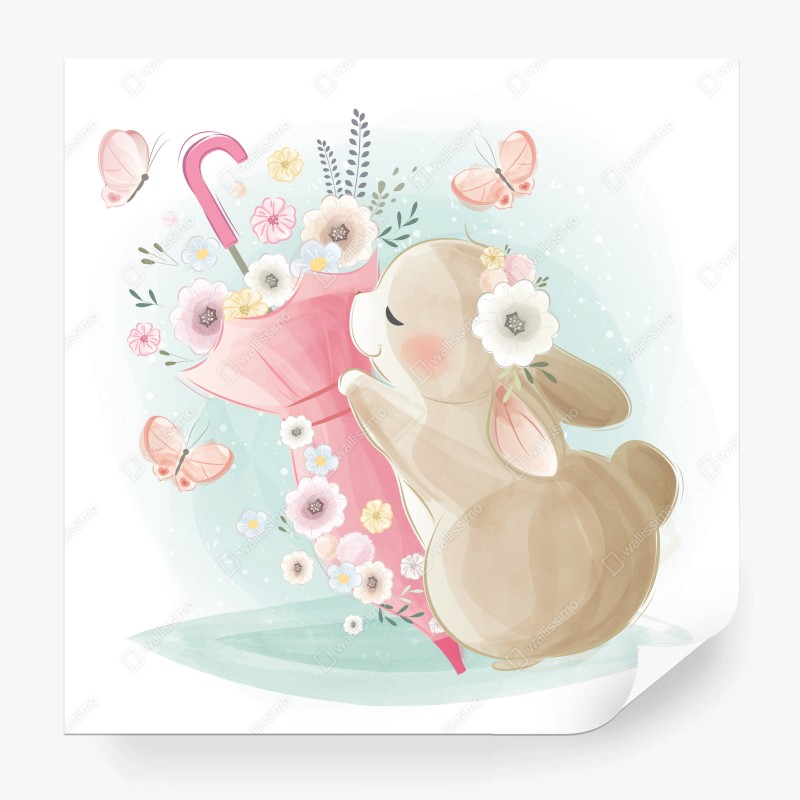 Carta da parati tenero coniglio con ombrello e fiori