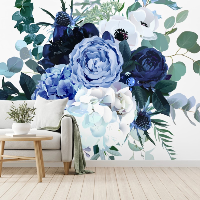 Carta da parati bouquet acquerellato nei toni del blu e bianco