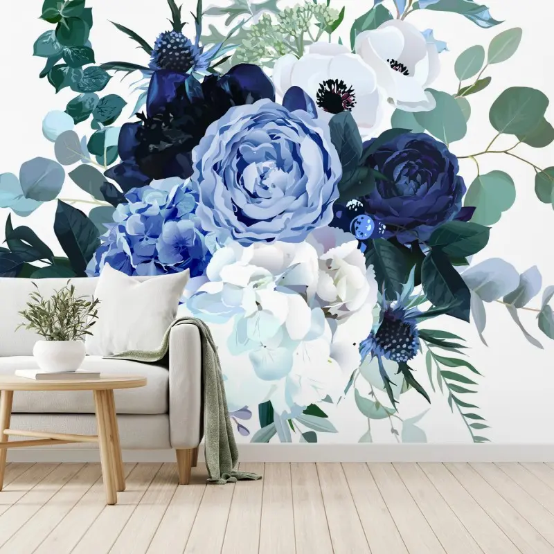 Carta da parati bouquet acquerellato nei toni del blu e bianco