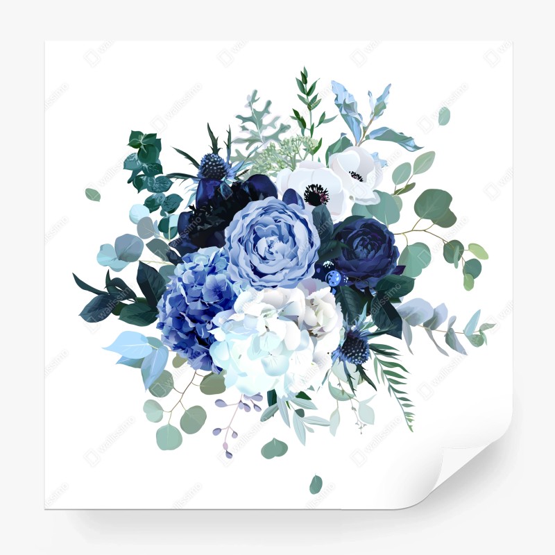 Carta da parati bouquet acquerellato nei toni del blu e bianco