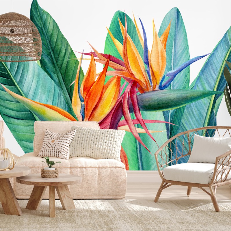 Carta da parati strelitzia ad acquerello con foglie tropicali