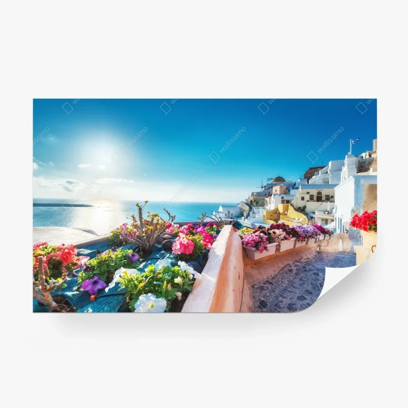 Carta da parati panorama fiorito di Santorini al tramonto