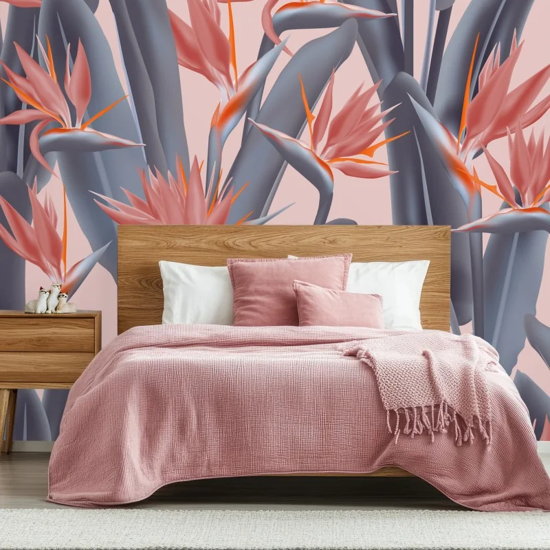 Carta da parati motivo tropicale strelitzia rosa e grigio