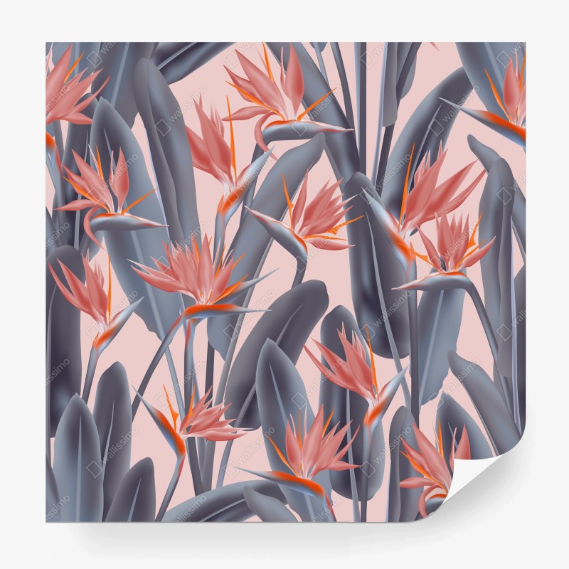 Carta da parati motivo tropicale strelitzia rosa e grigio