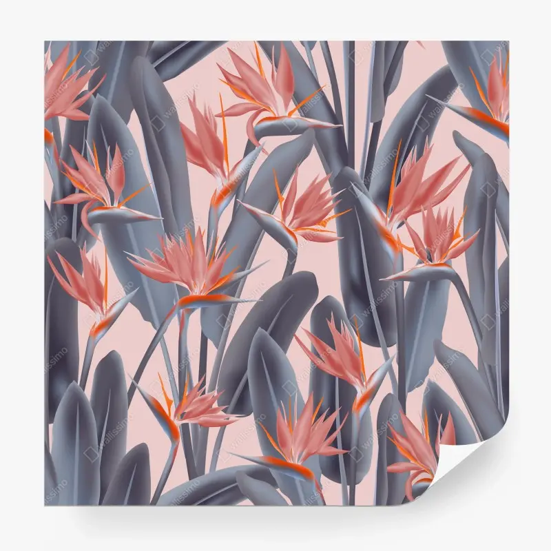 Carta da parati motivo tropicale strelitzia rosa e grigio