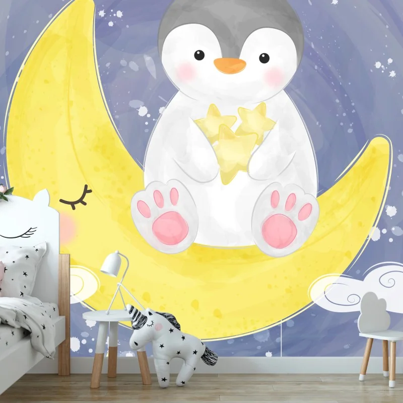 Carta da parati pinguino sognante sulla luna