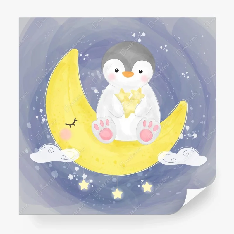 Carta da parati pinguino sognante sulla luna