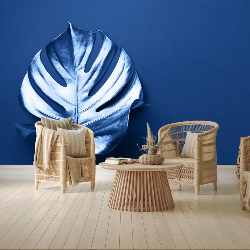 Carta da parati foglia monstera metallizzata su sfondo blu