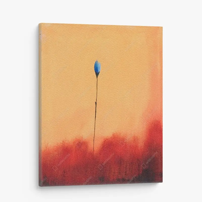 Quadro su tela fiore solitario blu su sfondo arancione
