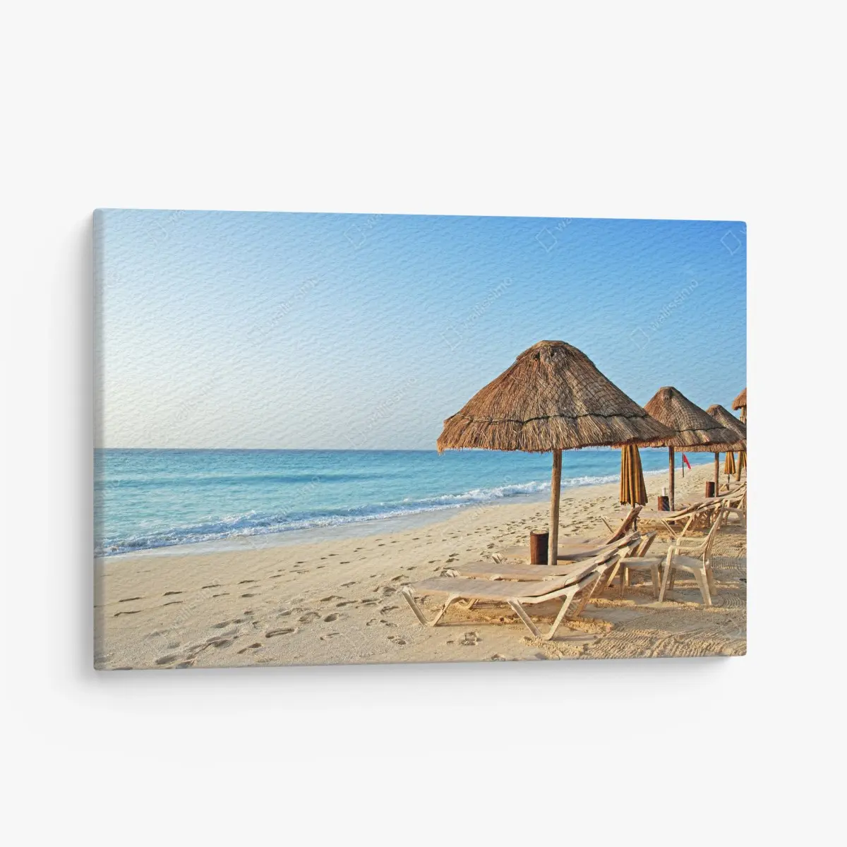 Quadro su tela spiaggia tropicale con ombrelloni di paglia • Wallissimo® Quadro su tela spiaggia tropicale con ombrelloni di paglia • Wallissimo®