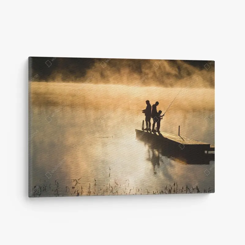 Quadro su tela mattina di pesca sul molo nella nebbia dorata