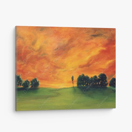 Quadro su tela tramonto infuocato sul campo verde • Wallissimo®