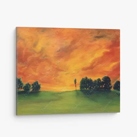 Quadro su tela tramonto infuocato sul campo verde • Wallissimo®