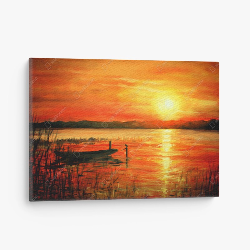 Quadro su tela tramonto infuocato sul lago
