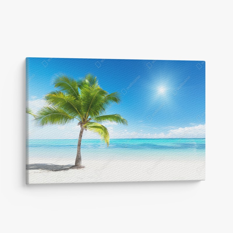 Quadro su tela oasi tropicale con palma sulla spiaggia